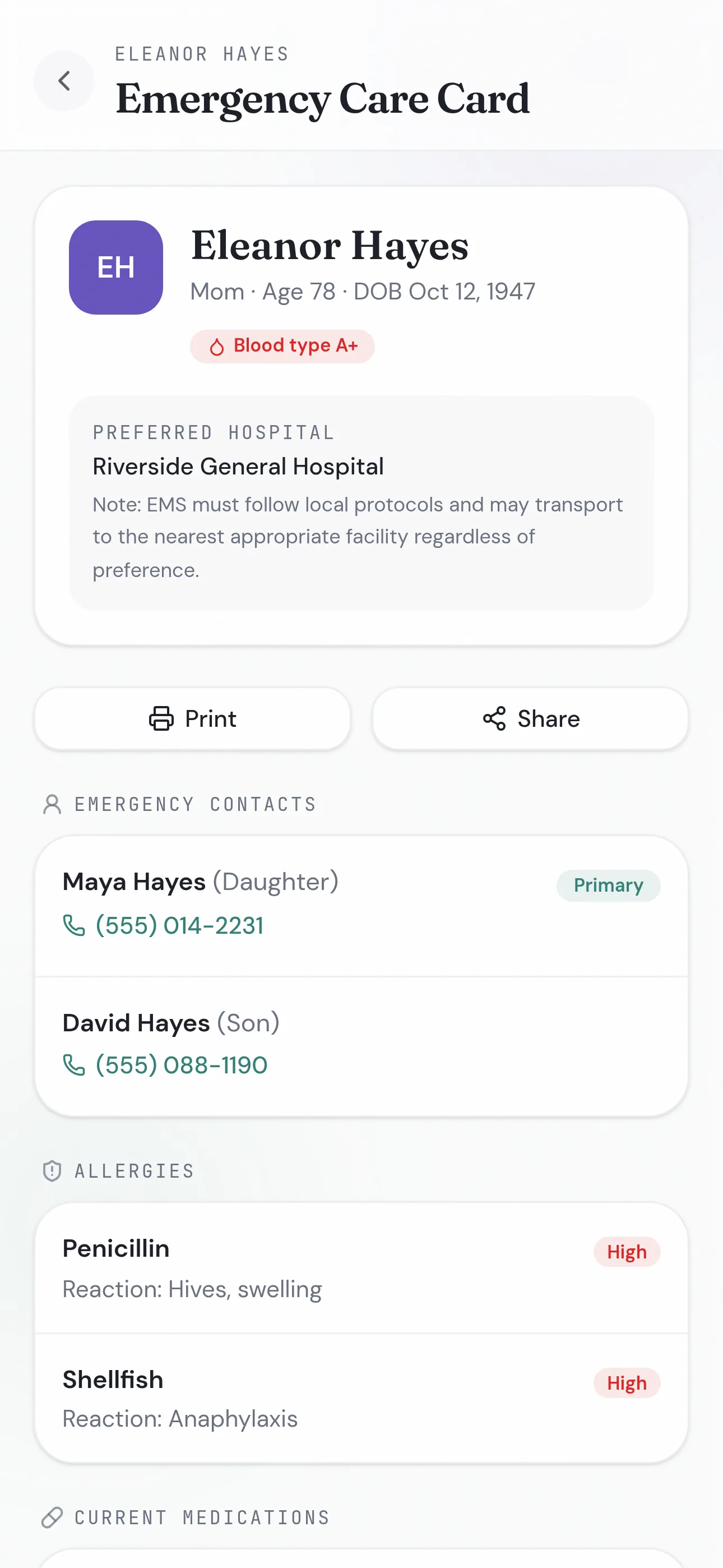 Emergency Care Card Mobile View